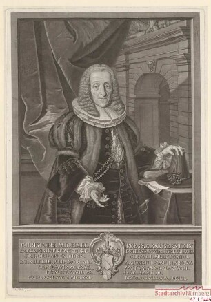 Christof Michael Kress, Kriegsrat, Vorderster Zeugherr, Familiensenior; geb. 31. August 1671; gest. 17. Janaur 1752