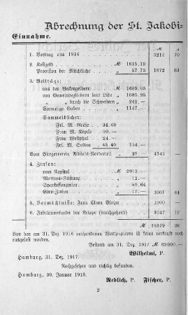 Abrechnung der St. Jakobi=Gemeindepflege für 1917.