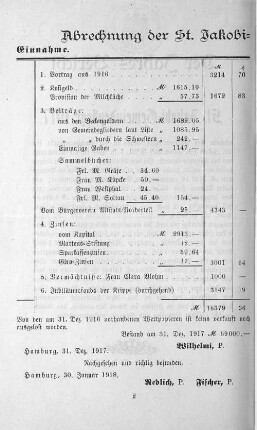 Abrechnung der St. Jakobi=Gemeindepflege für 1917.