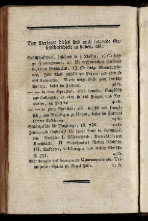 Bey Verleger dieses sind auch folgende Gesellschaftspiele zu haben, als: