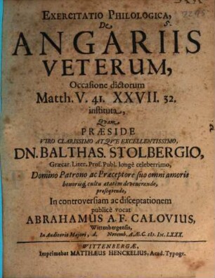 Exercitatio philol. de angariis Veterum