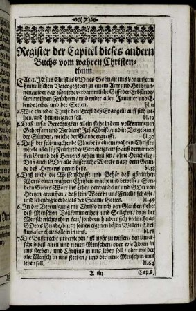 Register der Capitel dieses andern Buchs vom wahren Christenthum.
