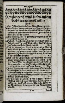Register der Capitel dieses andern Buchs vom wahren Christenthum.