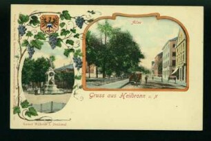 "Gruß aus Heilbronn" - Allee mit Kaiser-Wilhelm-Denkmal, Stadtwappen