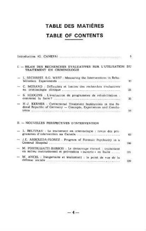Table de matières - Table of contents