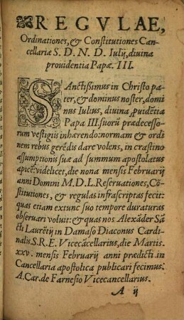 Regulae Omnes ordinationes et constitutiones Cancellariae ... Iulii ... Papae III.