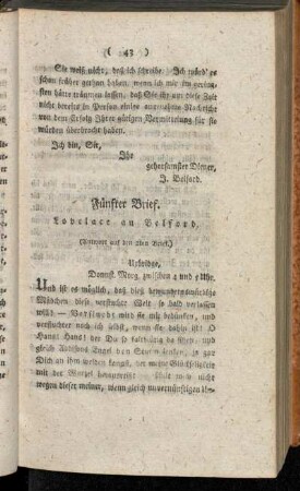 Fünfter Brief. Lovelace an Belford. - Neunter Brief. Belford an Lovelace.
