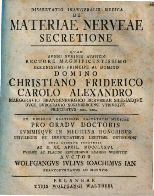 Dissertatio Inavgvralis Medica De Materiae Nerveae Secretione