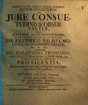 Dissertatio Inauguralis Juridica Sistens Conjecturas De Jure Consuetudinis & Observantiæ