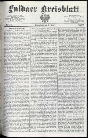 Erste Ausgabe vom Samstag, den 02. April 1892.