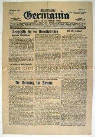 Konservative Tageszeitung "Germania" u.a. zur Reichstagssitzung