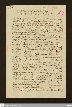 Brief von Johann Lorenz v. Mosheim an [Johann Jakob Rambach ?].