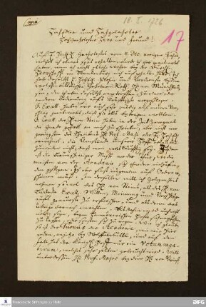Brief von Johann Lorenz v. Mosheim an [Johann Jakob Rambach ?].