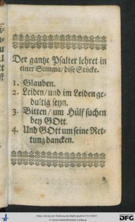 Der gantze Psalter lehret in einer Summa dise Stücke.