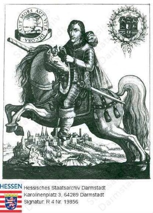 Christian Herzog v. Braunschweig, Bischof von Halberstadt (1599-1626) / Porträt auf Pferd reitend, im Hintergrund Erstürmung der Amöneburg am 22.11./2.12.1621, Wappen und Emblem