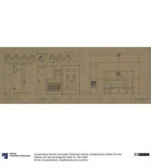 Darmstadt, Wohnhaus Olbrich, Dachgeschoss, Rotes Zimmer, Aufrisse der Ost und Südwand