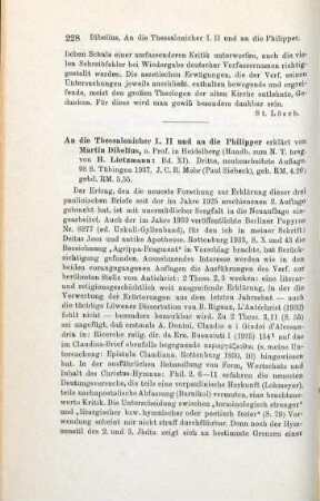 228-229 [Rezension] Dibelius, Martin, An die Thessalonicher I, II, an die Philipper