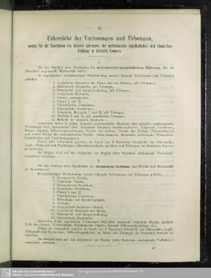 Uebersicht der Vorlesungen und Uebungen