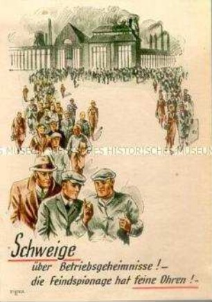 Illustrierter Handzettel aus dem 2. Weltkrieg mit der Warnung vor Spionen