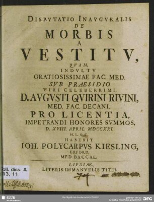Disputatio Inauguralis De Morbis A Vestitu