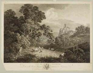 Die Burg Gnandstein über der Wyhra südlich von Frohburg von Osten, im Hintergrund das Dorf Gnandstein mit der Kirche (Kohren-Sahlis-Gnandstein), im Vordergrund pflügende Bauern
