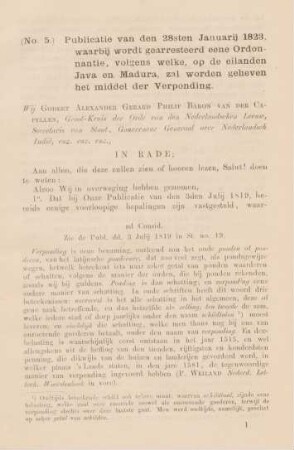 Publicatie van den 28sten Januarij 1823, waarbij wordt gearresteerd eene Ordonnantie, volgens welke, op de eiladen Java en Madura, zal worden geheven het middel der Verponding