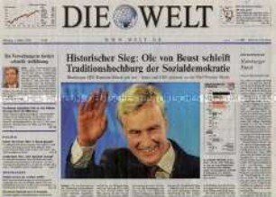 Fragment der Tageszeitung "Die Welt" zum Wahlsieg der CDU in Hamburg und zum Prozess gegen den Kinderschänder Dutroux in Belgien