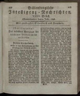 XXVII. Stück. Sonnabends: den 2. Juli 1796.