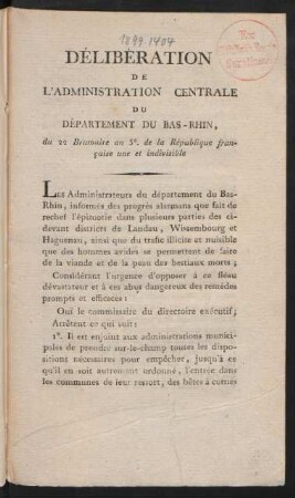 Délibération De L'Administration Centrale Du Département Du Bas-Rhin, du 22 Brumaire an 5e. de la République française une et indivisible