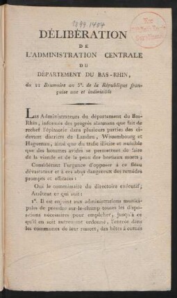 Délibération De L'Administration Centrale Du Département Du Bas-Rhin, du 22 Brumaire an 5e. de la République française une et indivisible