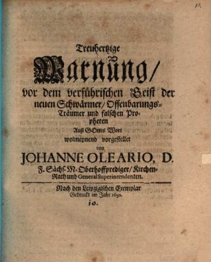Treuhertzige Warnung vor dem verführischen Geist der neuen Schwärmer, Offenbarungs-Träumer und falschen Propheten