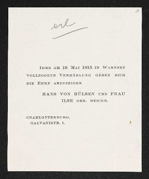 Brief von Hans von Hülsen an Gerhart Hauptmann