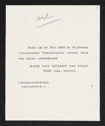 Brief von Hans von Hülsen an Gerhart Hauptmann