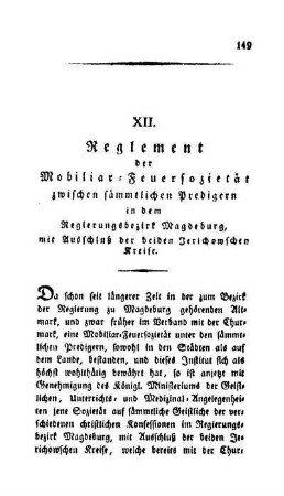 Reglement der Mobiliar-Feuersozietät zwischen sämmtlichen Predigern in dem Regierungsbezirk Magdeburg, mit Ausschluß der beiden Jerrichowschen Kreise