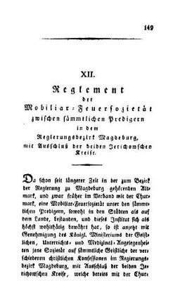 Reglement der Mobiliar-Feuersozietät zwischen sämmtlichen Predigern in dem Regierungsbezirk Magdeburg, mit Ausschluß der beiden Jerrichowschen Kreise