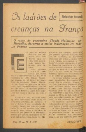 Os ladrões de creanças na França : O rapto do pequenino Claude Malmejac, em Marselha, desperta a maior indignação em toda a França. [Reportagem]