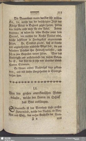 LI. Von den großen amerikanischen Fledermäusen, welche den Leuten im Schlaf das Blut aussaugen