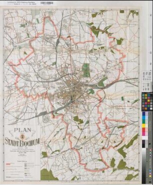 Bochum (Bochum) Stadtplan 1906 1 : 10 000 95 x 74 farb. Druck: W. Stumpf, Bochum Encke, Oberlandmesser Oberpostdirektion Dortmund Nr. 1652