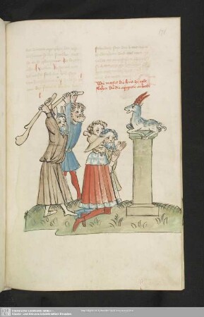 171r: kolorierte Federzeichnung: Moses lässt die Götzendiener erschlagen