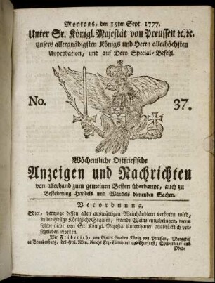 No. 37. Montags, den 15ten Sept. 1777.