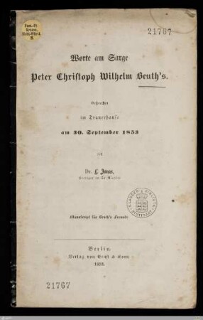 Worte am Sarge Peter Christoph Wilhelm Beuth's : Gesprochen im Trauerhause am 30. September 1853