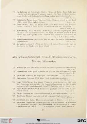 Meerschaum, Schildpatt, Perlmutt, Elfenbein, Miniaturen, Wachse, Silhouetten (Nr. 722-765)