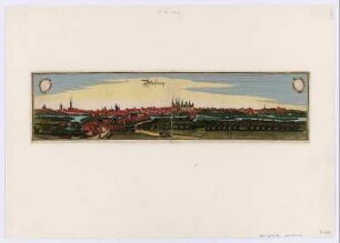Ansicht von Merseburg, Kupferstich, ca. 1650 : Merseburg / [gest. u. hrsg. von Matthäus Merian d. Ä.]. - [Franckfurt] : [Merian] , [ca. 1650]. - 1 Kunstbl. : kolor. Kupferst. ; 50 x 12 cm