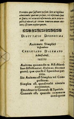 Disputatio Duodecima De Axiomate Simplici.