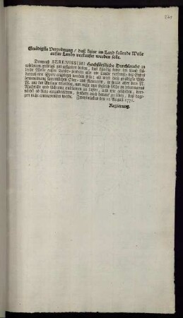 Gnädigste Verordnung, daß keine im Land fallende Wolle ausser Lands verkaufet werden solle : Zweybrücken den 12 August 1771.