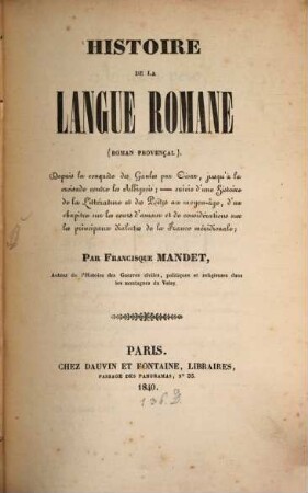 Histoire de la langue romane : (roman Provençal)