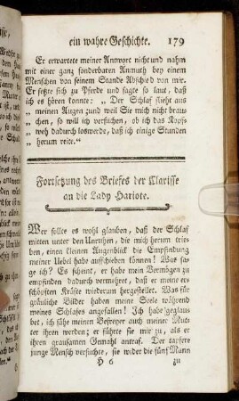 Fortsetzung des Briefes der Clarisse an die Lady Hariote. - Schreiben des Fräuleins Clarisse an die Lady Hariote.
