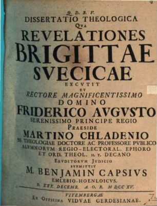 Dissertatio theologica, qua revelationes Brigittae Suecicae excutit