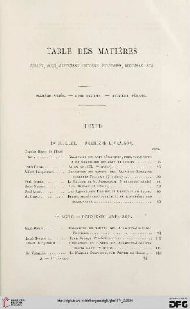 Table des matières: Juillet, août, septembre, octobre, novembre, décembre 1874