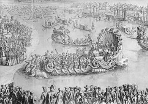 Vermählung des Kurprinzen mit Maria Josepha, Serenata fatta sull' Elba : Longuelune, Zacharias: "Serenata fatta sull' Elba" [Diana sull'Elba] von Johann David Heinichen. Ankunft der Diana zum Dianafest auf den Dresdner Elbwiesen am 18. September 1719 anläßlich der Vermählung des Kurprinzen von Sachsen mit Prinzessin Maria Josepha von Österreich. Ausschnitt: Ankunft der Gondel mit Diana und der Hofkapelle unter Johann David Heinichen. Kupferstich, nach 1721. Dresden: Kupferstich-Kabinett Sax. top. Ca 200-42 oder Ca 220-42